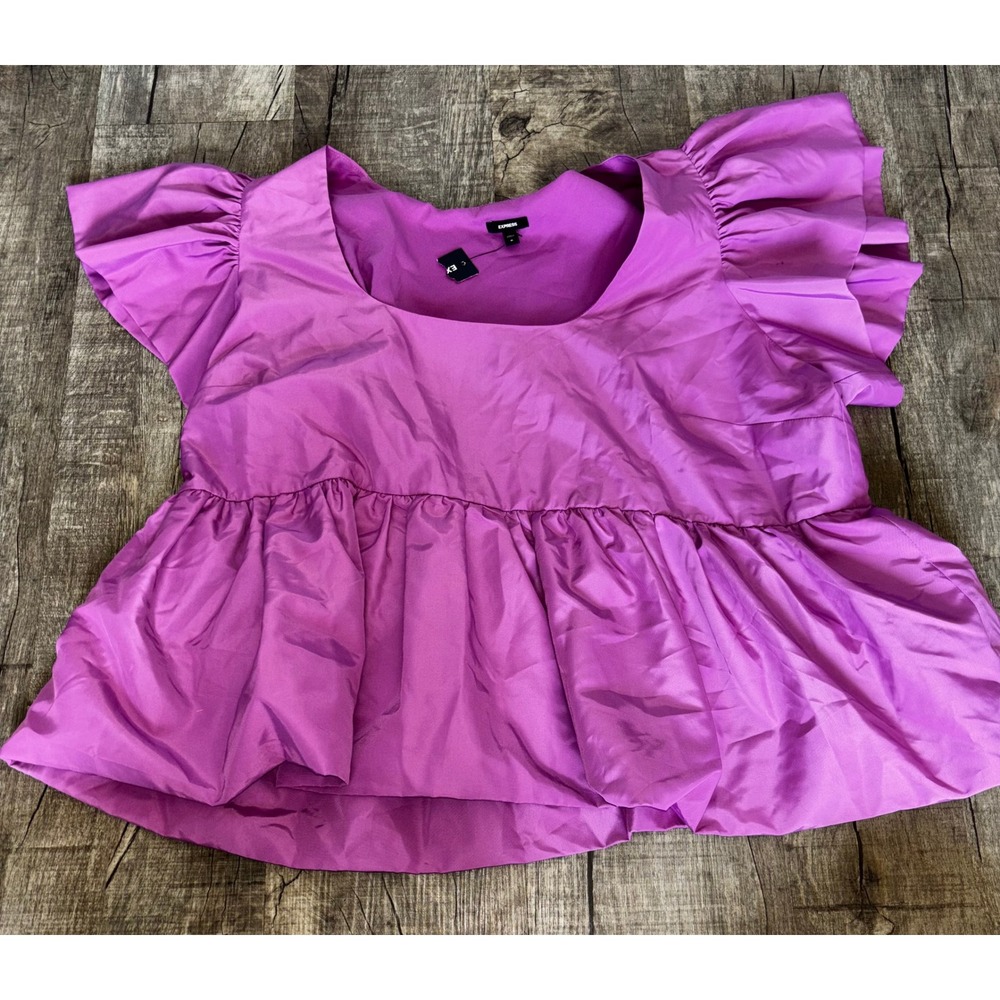 Express Womens XL Purple Ruffle Flutter Sleeve‎ Peplum Babydoll Blouse Top NWT